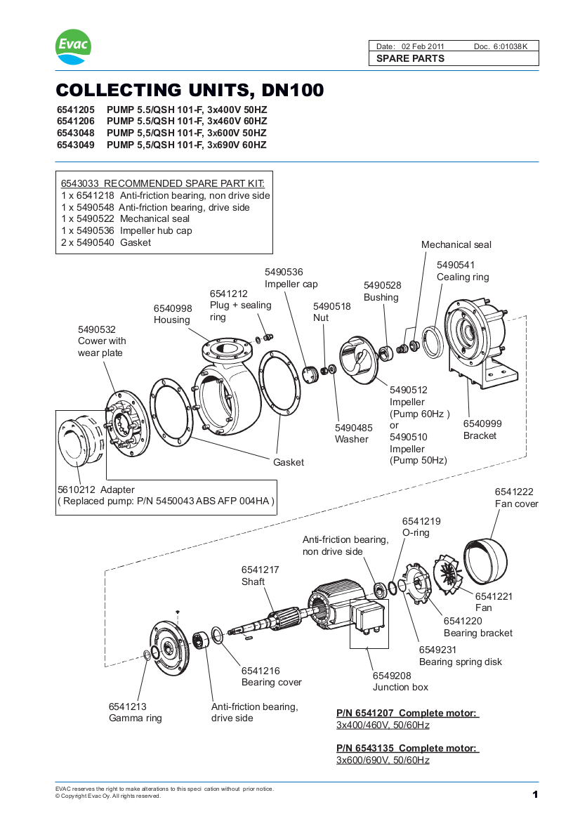 Manual with Part Numbers for Evac Collecting Unit Marine Spares